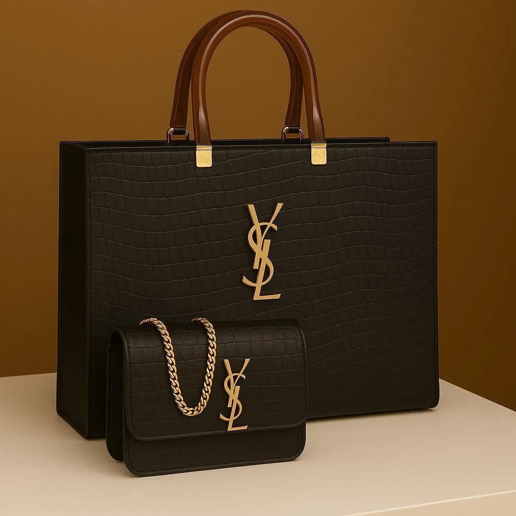 YSL Black Croc Leather 2-Piece Bag Set