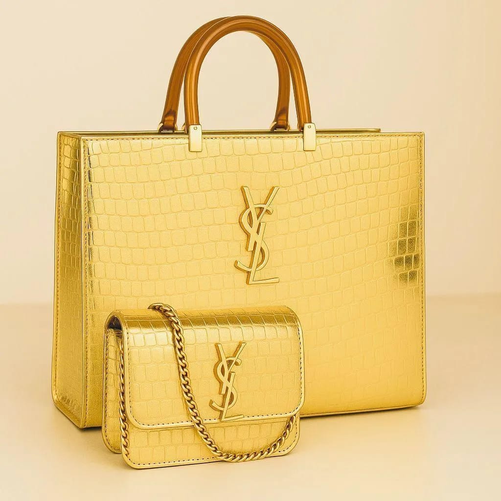YSL Black Croc Leather 2-Piece Bag Set
