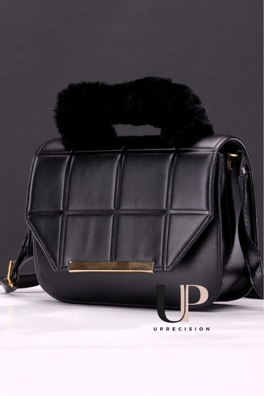 Black Quilted Crossbody Bag with Fur Handle