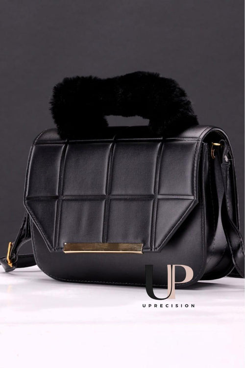 Black Quilted Crossbody Bag with Fur Handle
