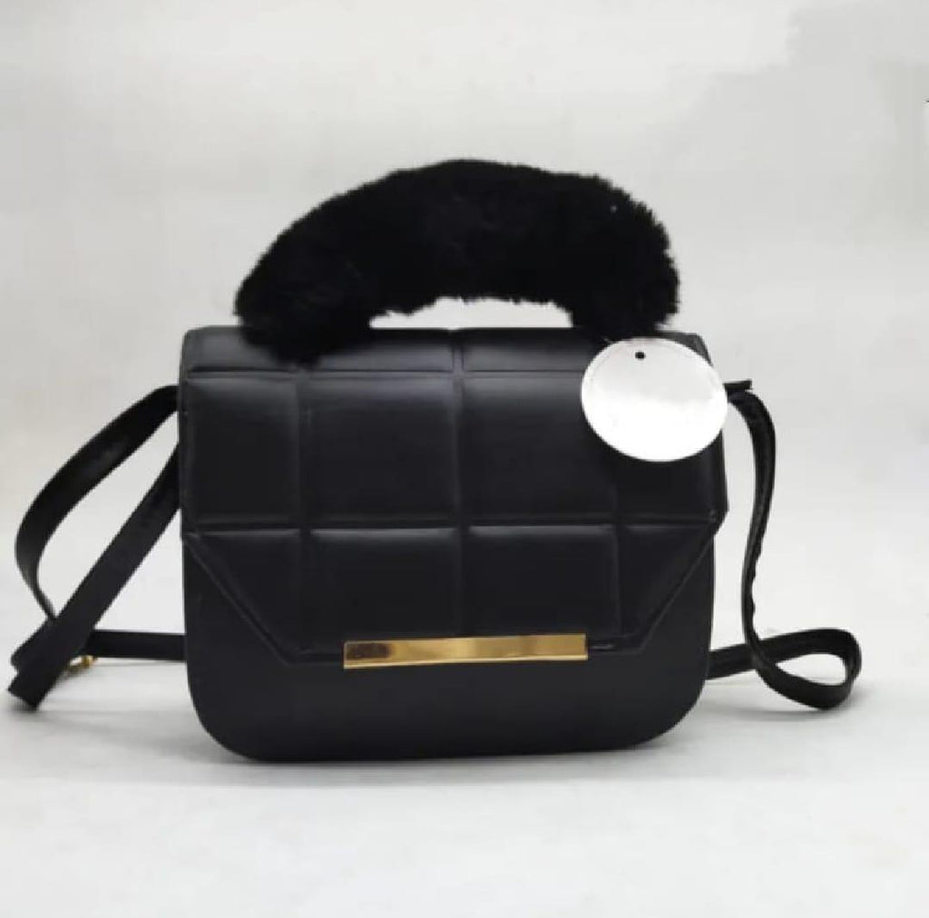 Black Quilted Crossbody Bag with Fur Handle