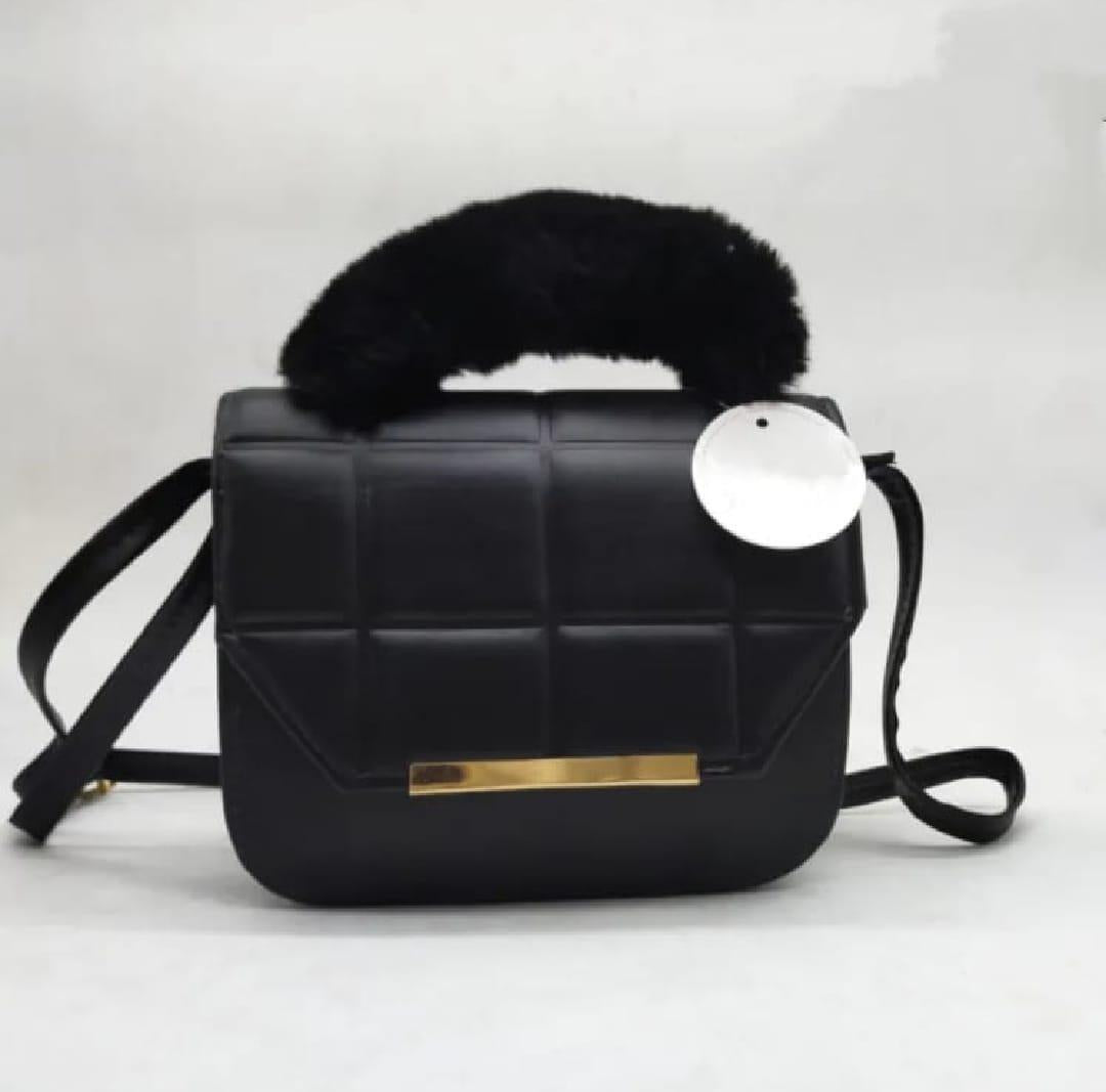 Black Quilted Crossbody Bag with Fur Handle