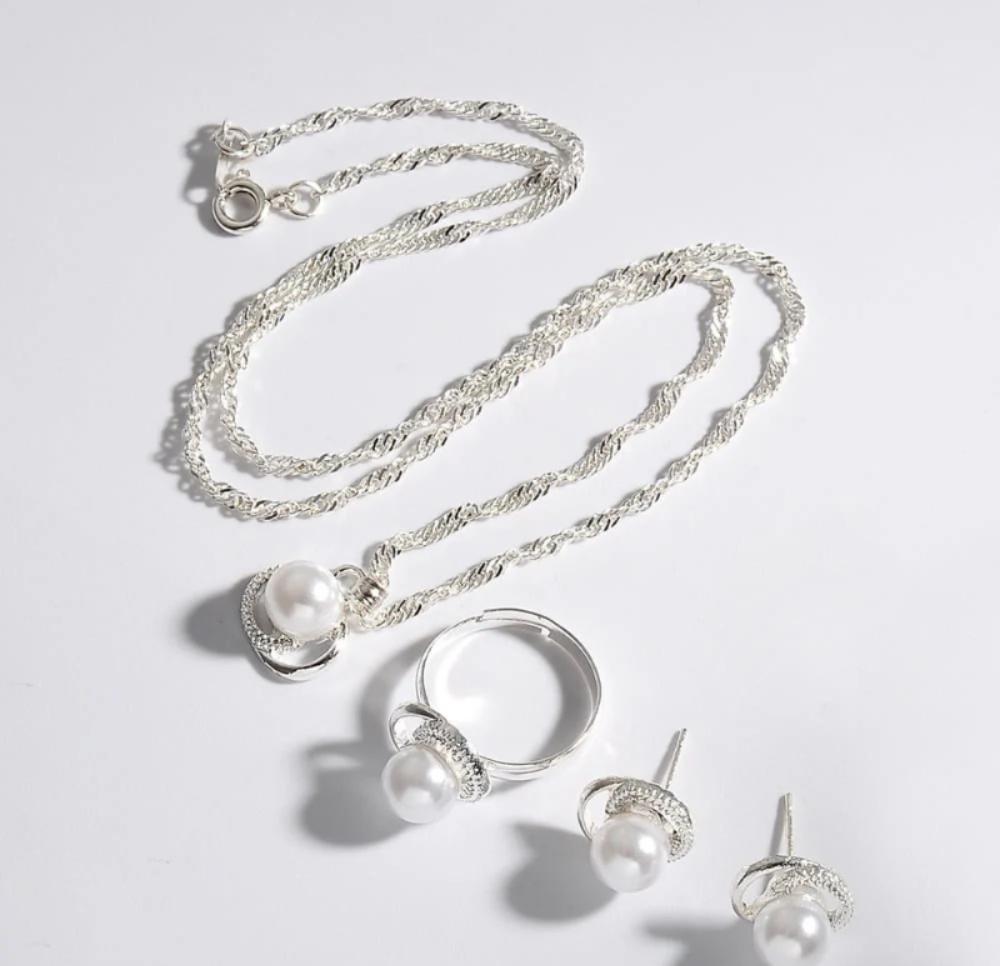 Silver Pearl Necklace Ring Earrings Set for Women