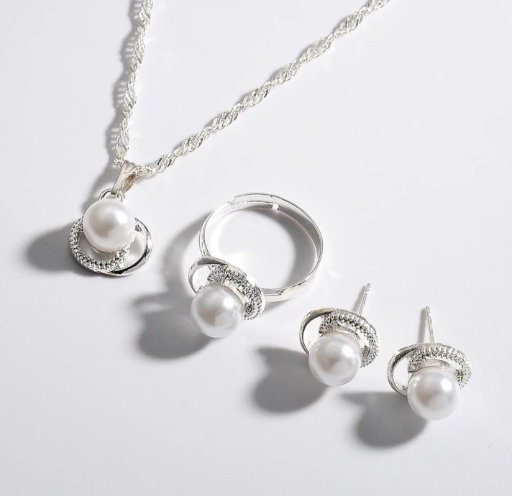 Silver Pearl Necklace Ring Earrings Set for Women