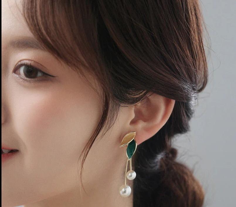 Gold Plated Leaf Pearl Earrings for Women