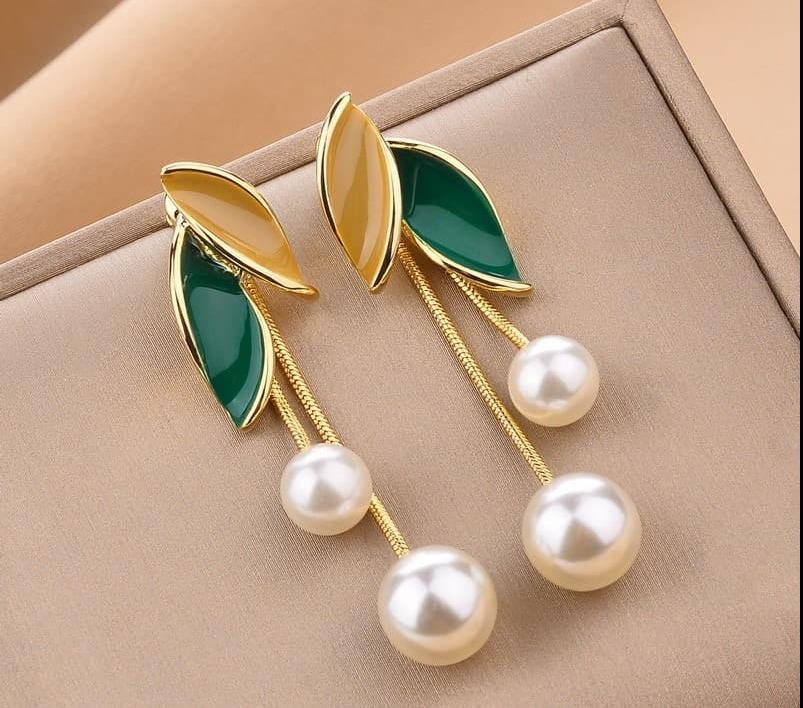 Gold Plated Leaf Pearl Earrings for Women