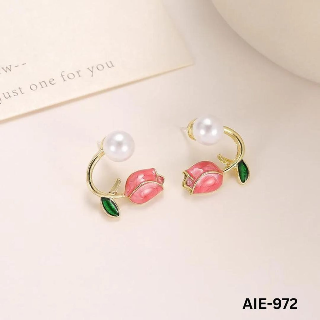 Women Flower Pearl Earrings Pink Purple Off White Alloy 2Pcs