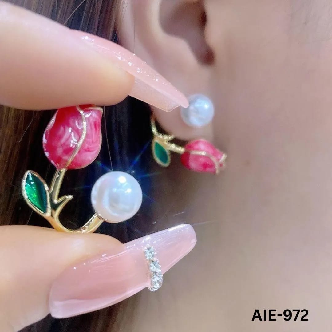 Women Flower Pearl Earrings Pink Purple Off White Alloy 2Pcs