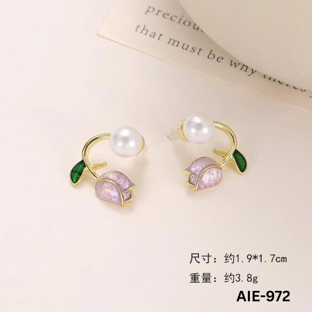 Women Flower Pearl Earrings Pink Purple Off White Alloy 2Pcs