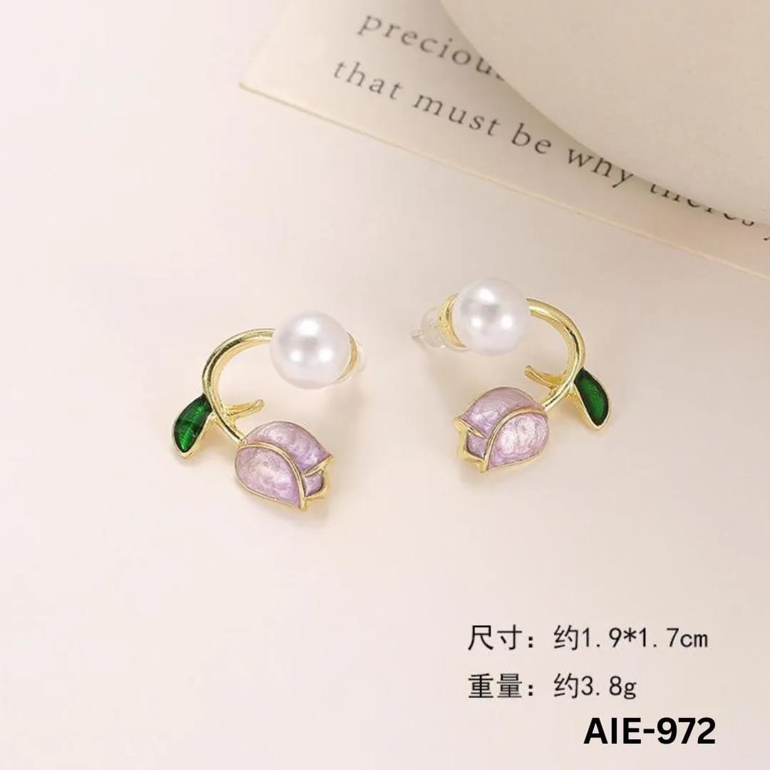 Women Flower Pearl Earrings Pink Purple Off White Alloy 2Pcs