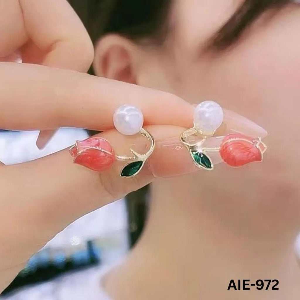 Women Flower Pearl Earrings Pink Purple Off White Alloy 2Pcs