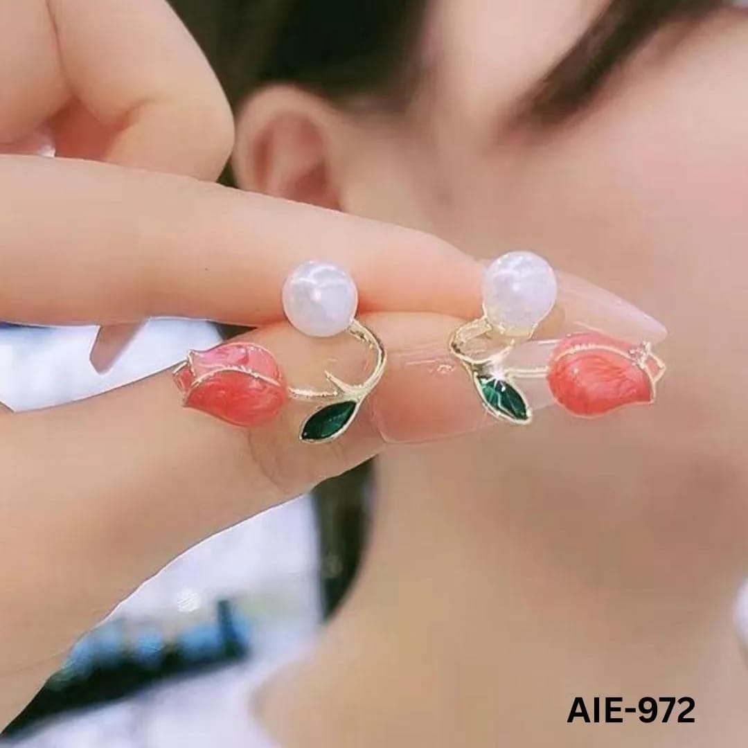 Women Flower Pearl Earrings Pink Purple Off White Alloy 2Pcs
