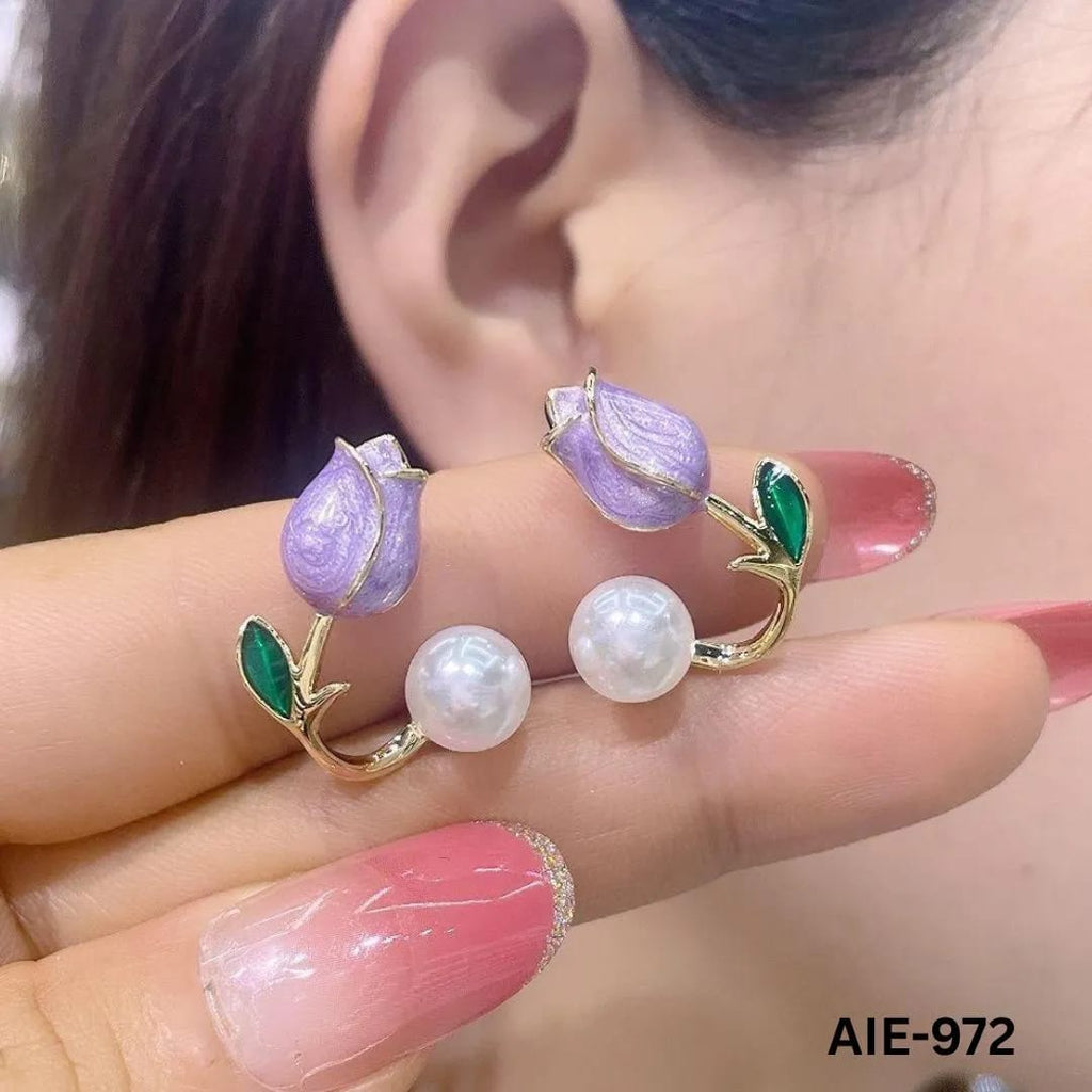 Women Flower Pearl Earrings Pink Purple Off White Alloy 2Pcs
