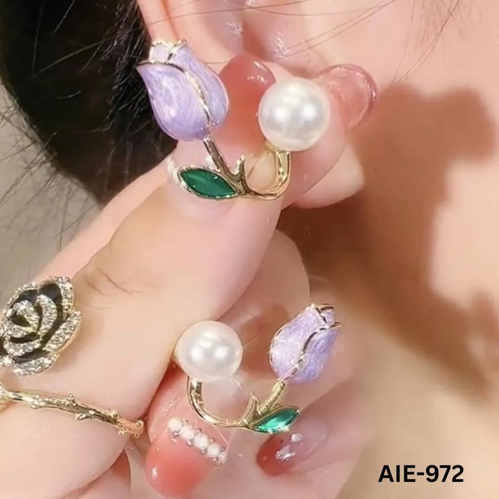 Women Flower Pearl Earrings Pink Purple Off White Alloy 2Pcs