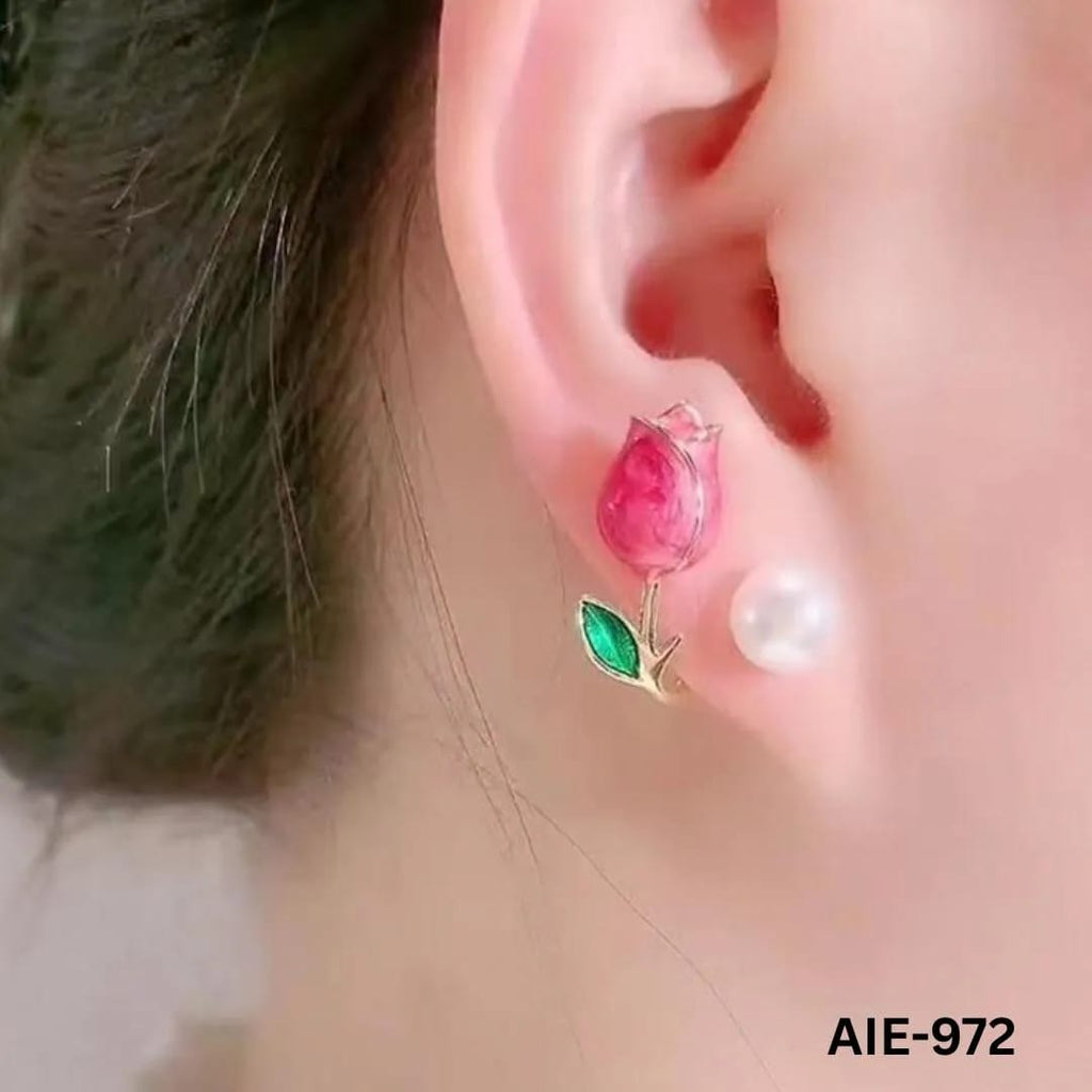 Women Flower Pearl Earrings Pink Purple Off White Alloy 2Pcs