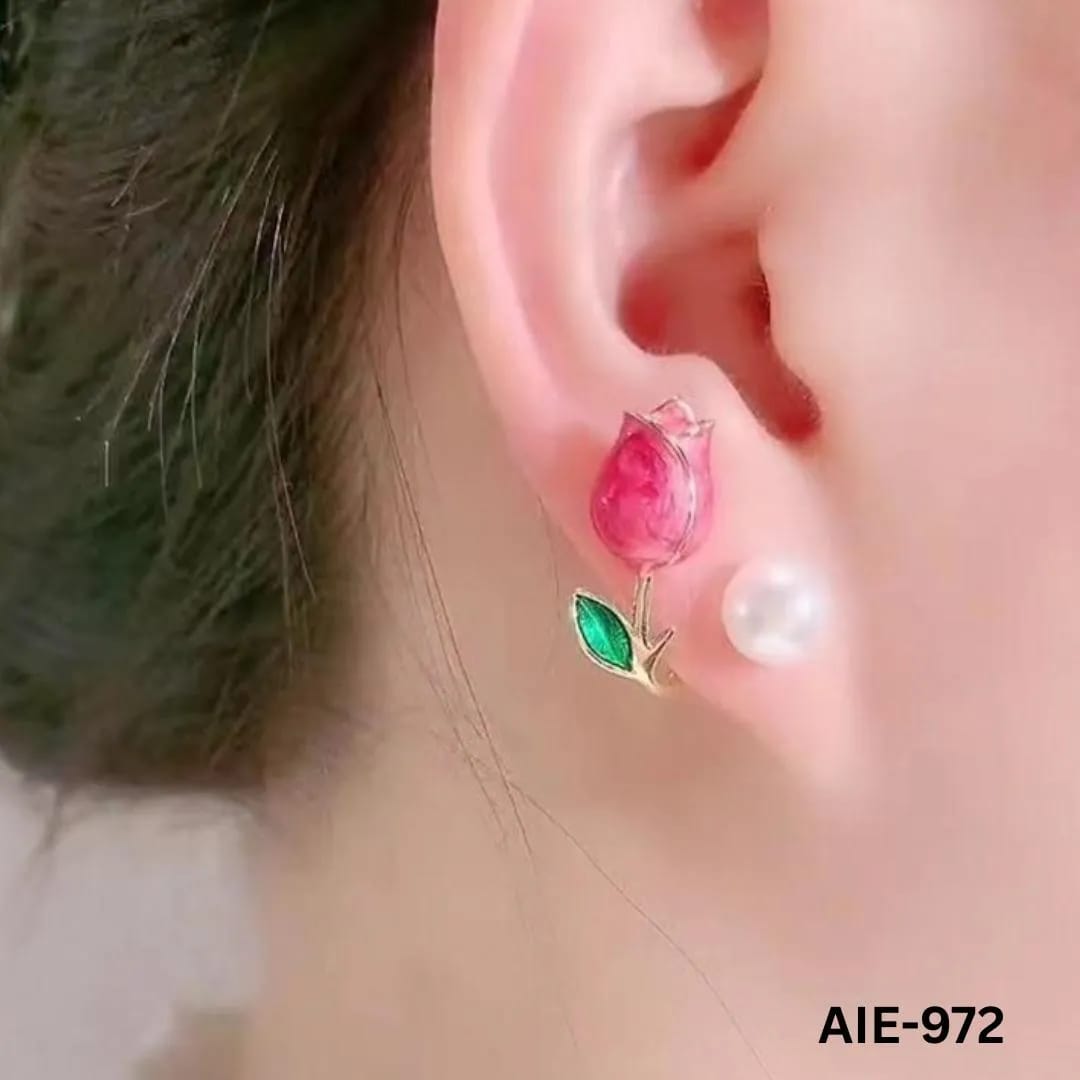 Women Flower Pearl Earrings Pink Purple Off White Alloy 2Pcs