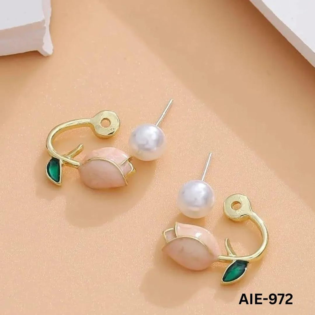 Women Flower Pearl Earrings Pink Purple Off White Alloy 2Pcs