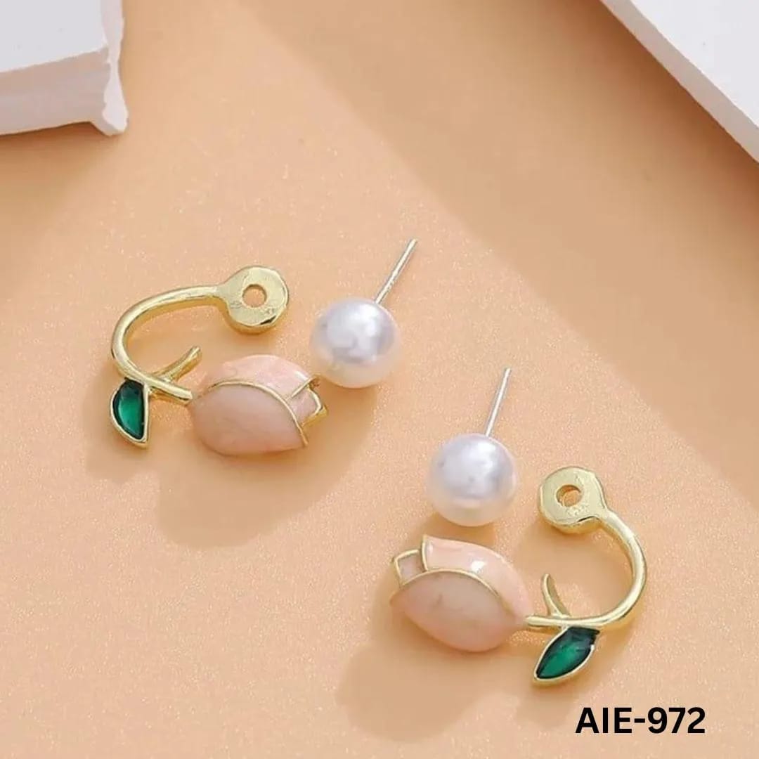 Women Flower Pearl Earrings Pink Purple Off White Alloy 2Pcs