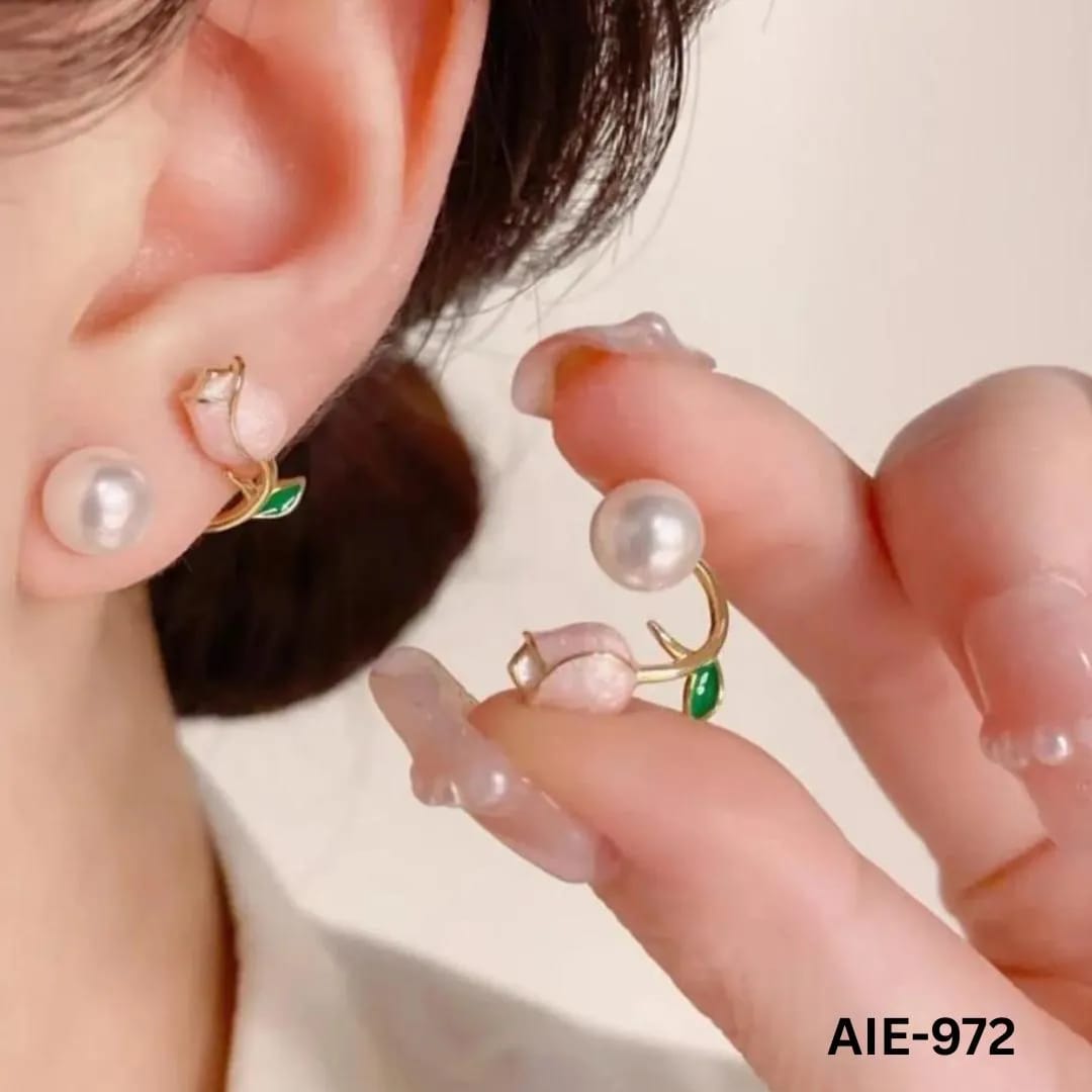 Women Flower Pearl Earrings Pink Purple Off White Alloy 2Pcs