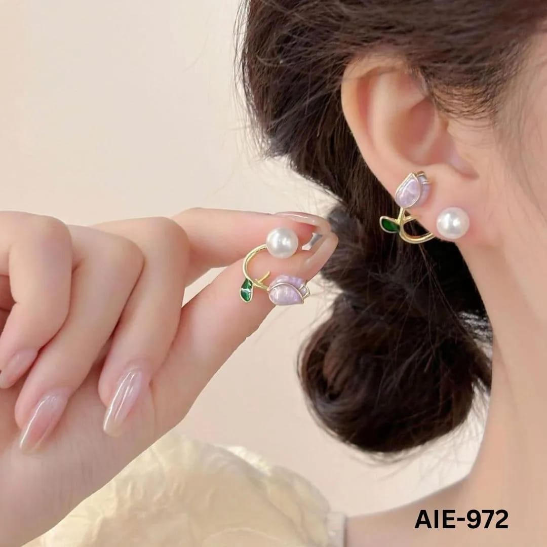 Women Flower Pearl Earrings Pink Purple Off White Alloy 2Pcs