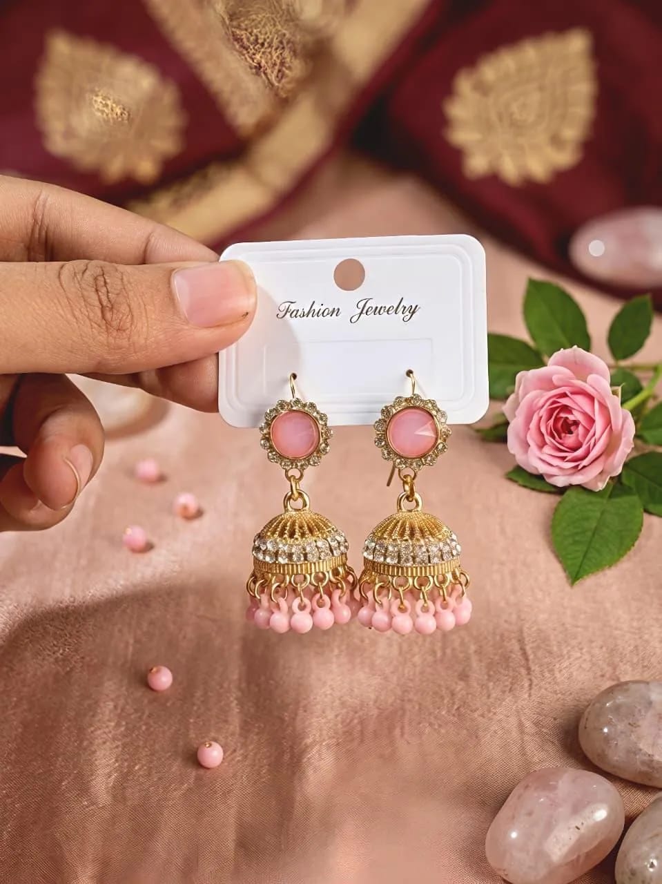 Fancy Gold Plated Crystal Jhumka